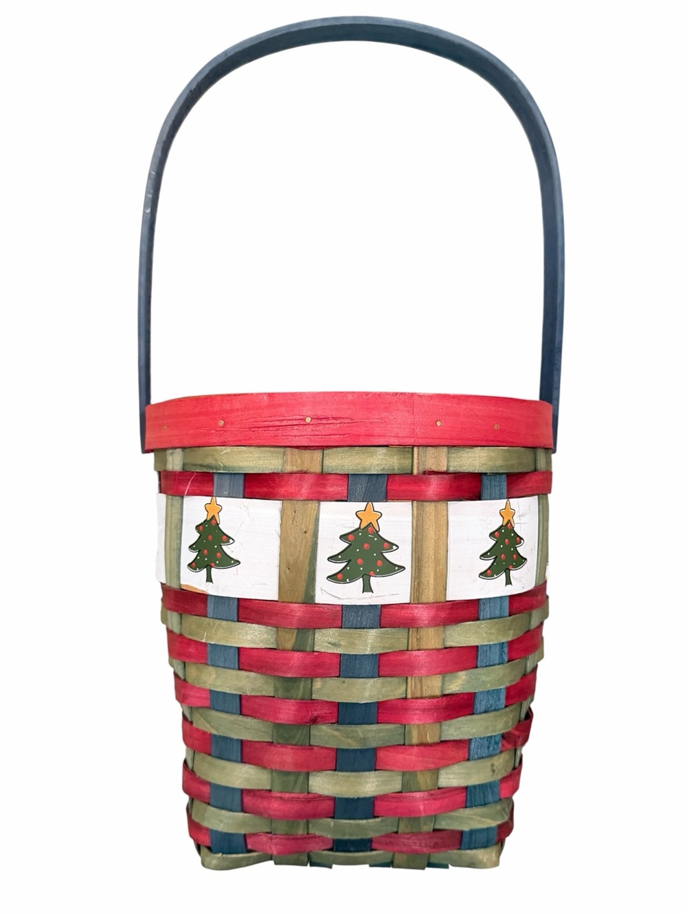 NWOT Christmas Basket Pine Tree Red Green Blue Movable Handle 16” x 8”